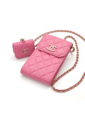 Chanel Bag Shoulder Pink Gold Quilted Phone Pouch Airpods Case